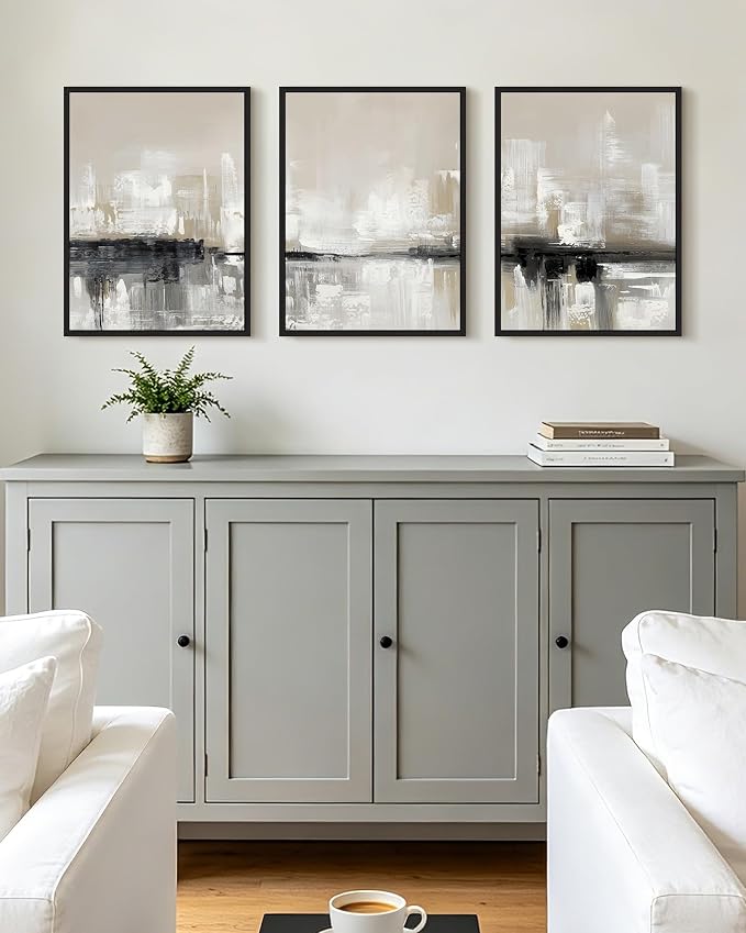 KUVIOKE Abstract Gray Framed Wall Art Neutral Brown Artwork Painting Morden Minimalist Wall Decor Rustic Home Decor 12x16in (Black Framed)