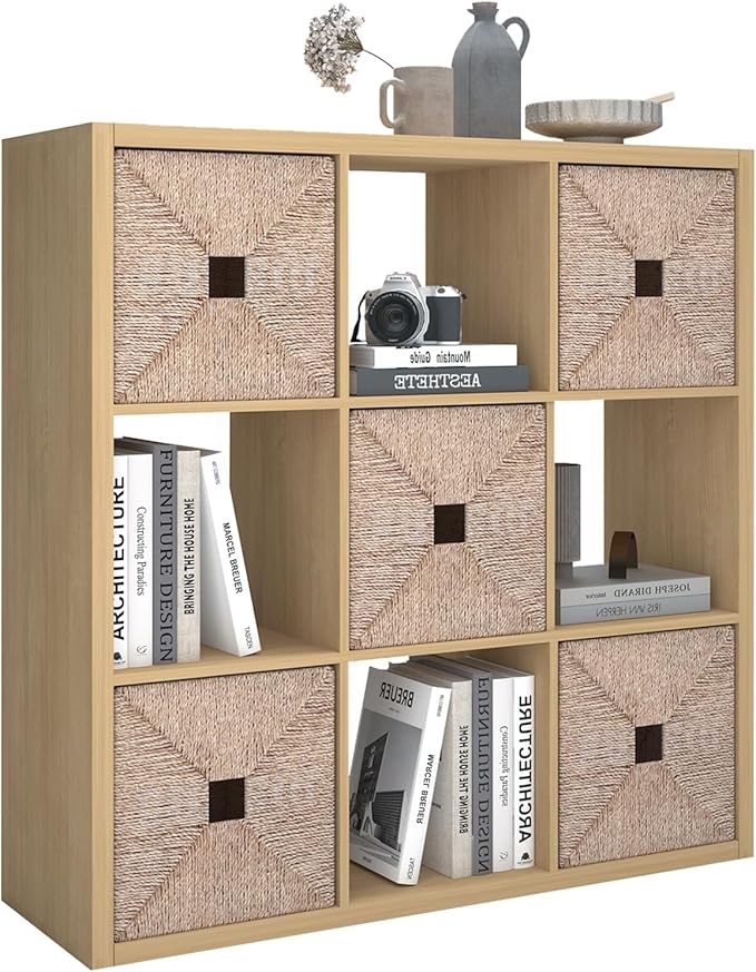 CTESNE【2026 Wooden Thick Frame 9 Cube Storage Organizer Shelf with Anti-Tipping Kits + Reversible Open Back Bookcase, Horizontal and Vertical Dual-use（Oak Color,11inch）