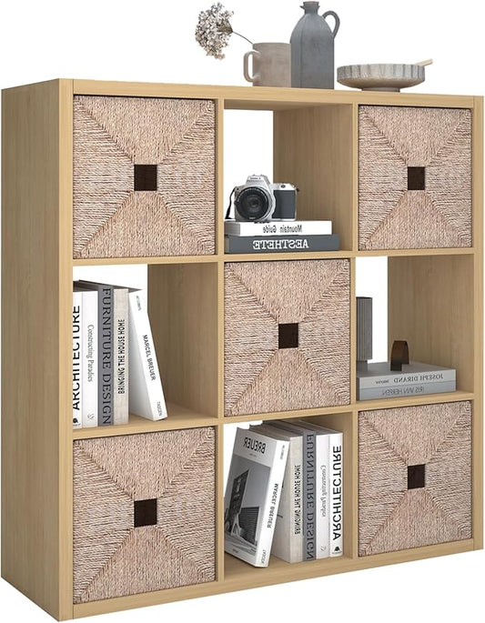 CTESNE【2026 Wooden Thick Frame 9 Cube Storage Organizer Shelf with Anti-Tipping Kits + Reversible Open Back Bookcase, Horizontal and Vertical Dual-use（Oak Color,11inch）