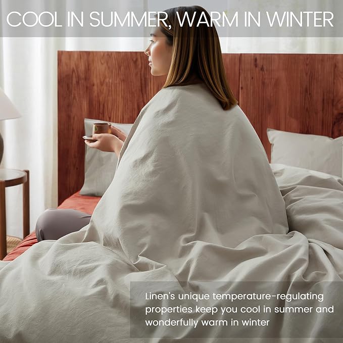 3Pcs Organic Linen Duvet Cover Queen Size, 100% French Linen from Normandy, Soft & Durable Natural Linen Bedding Set Comforter Cover with 2 Pillowcases, 1 Duvet Cover with Zipper