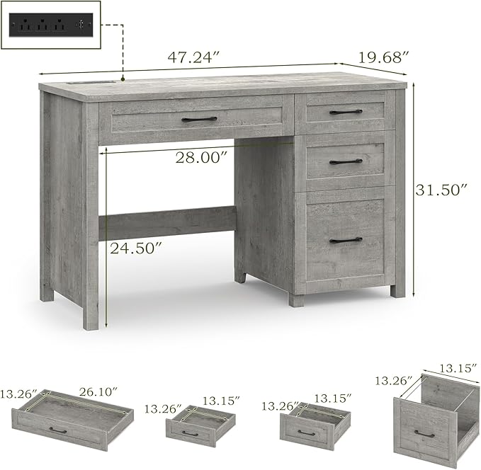 Farmhouse 47" Executive Desk, Computer Desk with File Drawer and Charging Station, Workstation for Home Office, Study.Grey