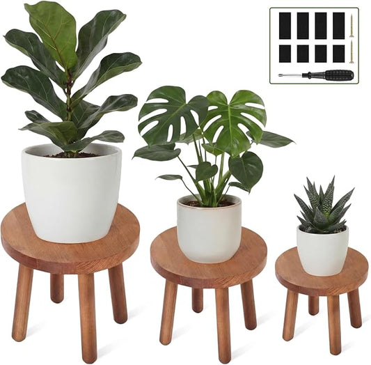 Pinkunn 3 Pcs Wood Plant Stand Indoor Plant Stand for 3-12 Inch Pots Mid-century Modern Plants Stool Plants Pot Holder Home Decor for Balcony Living Room Office Courtyard Detachable(Round Style)