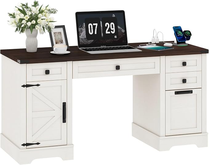 Squireewo 58'' Farmhouse Home Office Desk with Drawers, Wooden Executive Desk with Charging Station, File Drawers and Storage Cabinet, Computer Desk for Work, Study and Writing, Rustic White