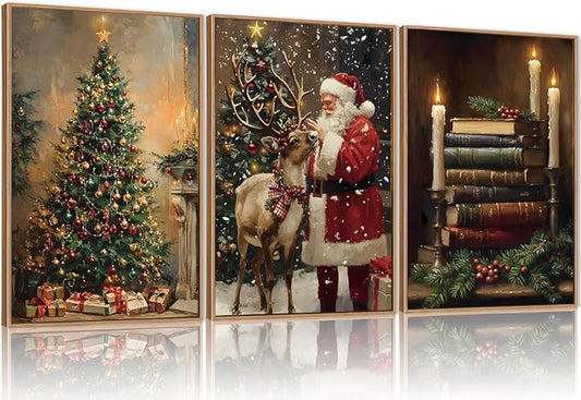 FWIEXA Christmas Santa Claus Reindeer Canvas Wall Art Set 3, Vintage Xmas Pine Tree Framed Prints, Dark Winter Snow Pictures Wall Decor,16x24In Book Bells Candles Artwork for Holiday,Gift,Living Room,Bedroom
