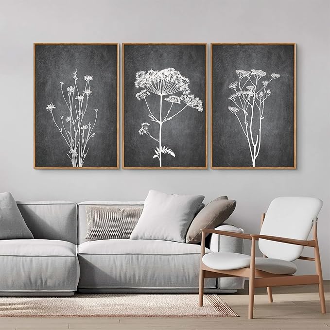 Tinonedraw Black and White Floral Framed Canvas Wall Art Set, Vintage Flower Wall Decor, Dark Academia Minimalist Botanical Art Paintings, Wildflower Art Print for Living Room Bedroom Office 16"x24"x3
