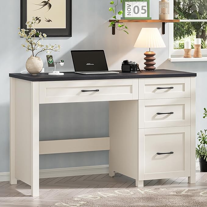 Vabches Farmhouse 47" Executive Desk, Computer Desk with File Drawer and Charging Station, Workstation for Home Office, Study,(Black).