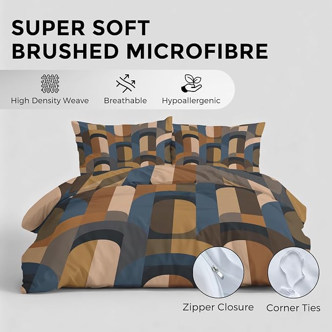 Mid Century Modern Duvet Cover Queen Size, Retro Geometric Bedding Set 3 pcs with 2 Pillow Covers, Abstract Boho Bedroom Decor, Soft Microfiber Reversible, Zipper & Ties KJJT 109
