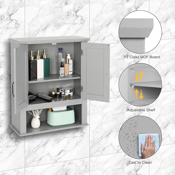 VINGLI Medecine Cabinet with 2 Doors Bathrooom Wall Cabinet Grey Over The Toilet Storage Towel Cabinet 1 Adjustable Shelf Wooden Hanging Organizer Bathroom Furniture