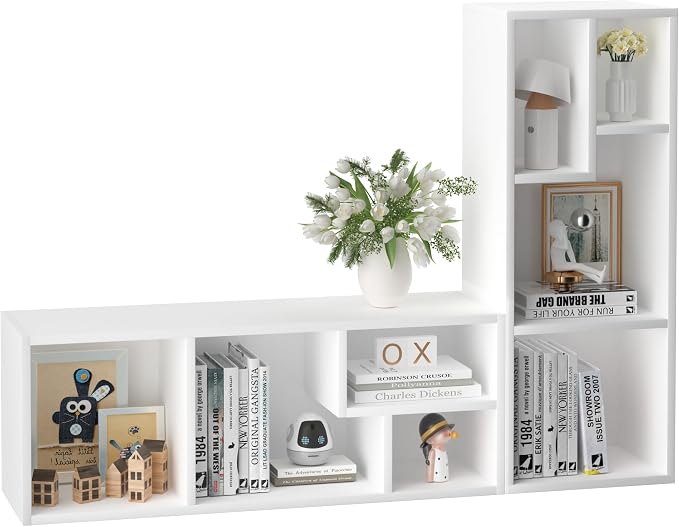 VECELO 3-Tier Small Bookcase, 4 Cube Bookshelf with Height Difference Shelves for Most Books, Modern Floor Standing Unit, Each Shelf Hold Up to 66 LBS for Living Room Bedroom, Pearl White