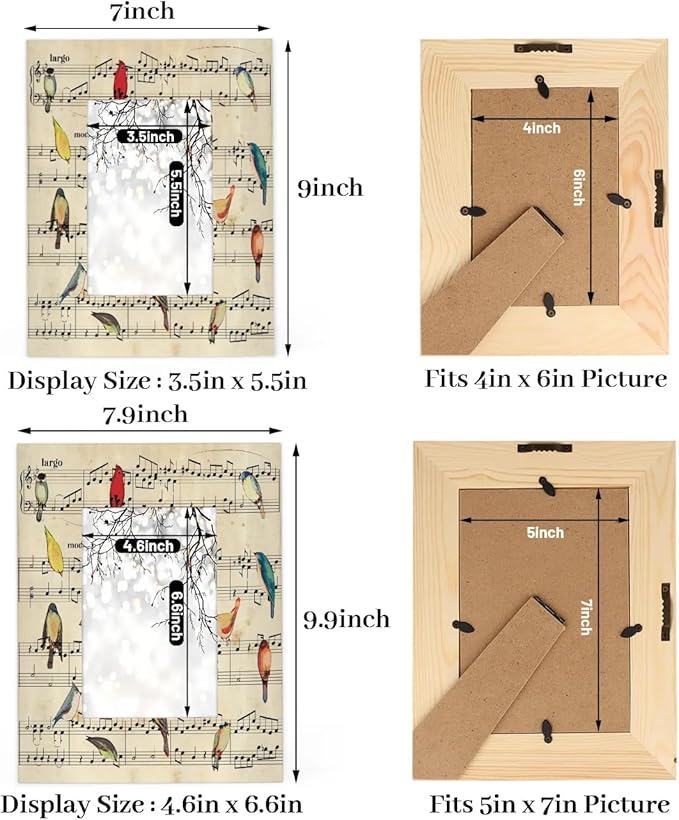 Retro Birds 4x6 Picture Frame Music Note Wooden Photo Frames for Tabletop Display Wall Mounting Fits 4x6 Pictures Home Office Decor