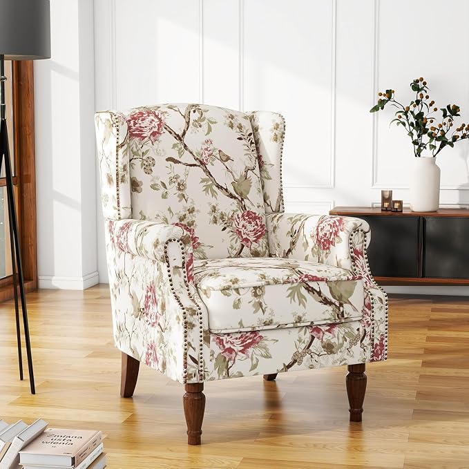High Back Accent Chairs Set of 2, Floral Wingback Chair Fabric Upholstered Armchair for Living Room, Nailhead Trim Single Sofa Bedroom Reading Seat - Beige