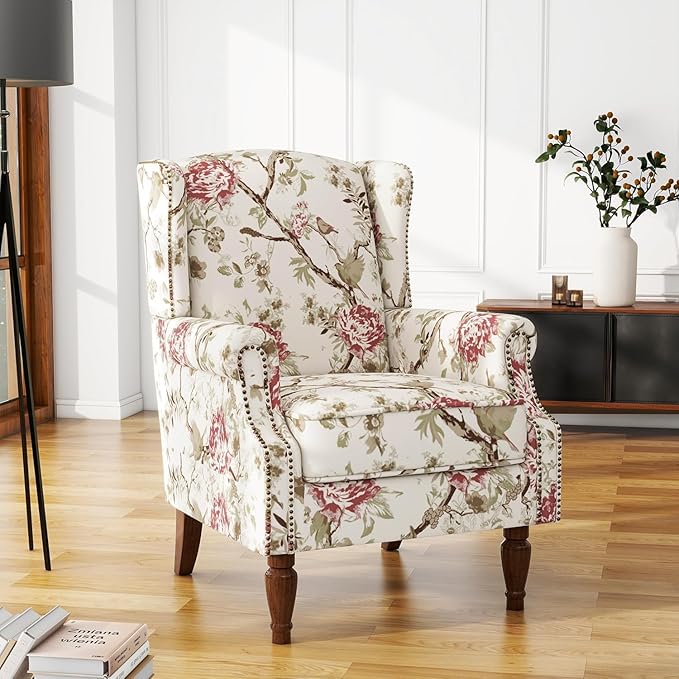 High Back Accent Chair, Fabric Wingback Chair Upholstered Armchair for Living Room - Beige Floral