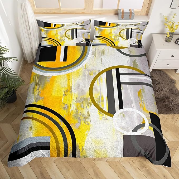Erosebridal Modern Yellow Black Grey Duvet Cover Queen,Watercolor Oil Painting Comforter Cover,Circles Bedding Set,Contemporary Artwork Texture Bedroom Decor Bedspread Cover 3Pcs with 2 Pillow Cases