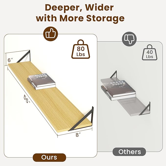 55" Long Wall Mounted Floating Shelves,8 inch Deep Floating Shelf with Metal Brackets Set of 2,Easy-to-Install Wall Decor Storage Ledges for Living Room,Bathroom,Bedroom,Kitchen,Office,Oak