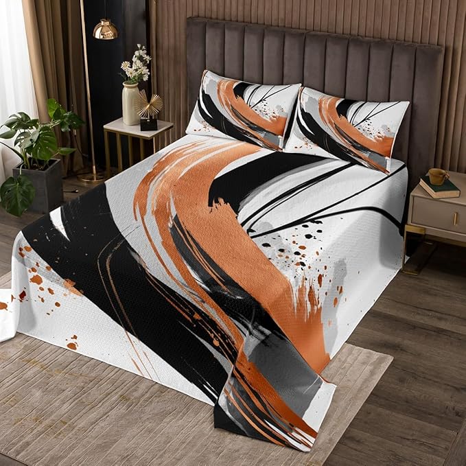 Erosebridal Black Burnt Orange Quilt Set Twin - Modern Geometric Decorative Abstract Coverlet Set Striped Bed Sets for Boys Adults Girls Minimalist Graffiti Aesthetic Lines Bedding Sets