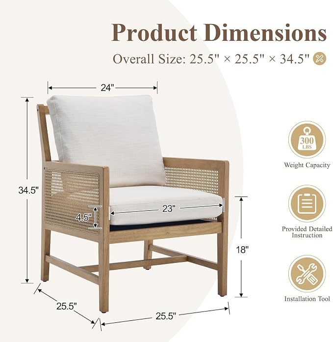chairus Mid-Century Modern Accent Chairs Set of 2, Upholstered Solid Wood Armchairs with Cane Armrests & Slat Back, Comfy Rattan Reading Chairs for Living Room Bedroom Guest Room, Cream White Linen