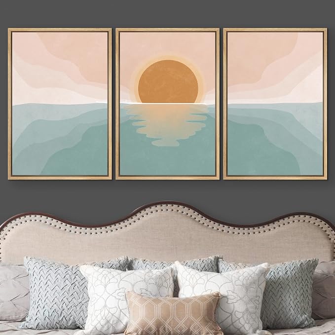wall26 Framed Canvas Print Wall Art Set Pastel Mountain Range Forest Dawn Abstract Nature Illustrations Modern Art Nordic Decorative Minimal Boho for Living Room, Bedroom, Office - 24"x36"x3 Natural