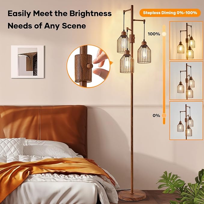 Dimmable Industrial Floor Lamp with 3 Cage Heads, Wood Grain Tree Standing Lamp with Stepless Dimming, Modern Farmhouse Tall Pole Light for Living Room, Bedroom, Office, E26 Base (Bulbs Included)