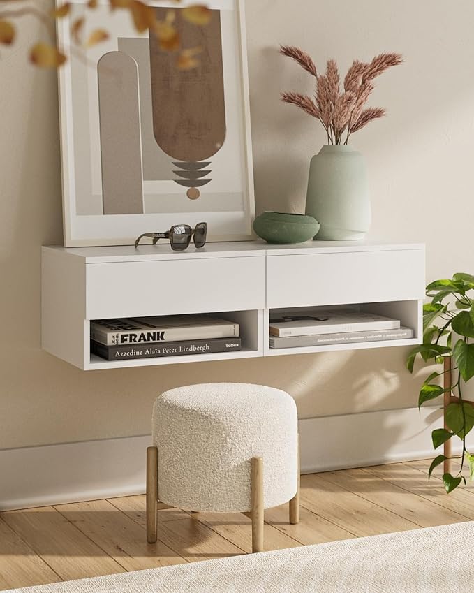 Floating Nightstand, Small Modern Floating Nightstand with Drawer, Floating Shelves for Bedroom, Bathroom (White)