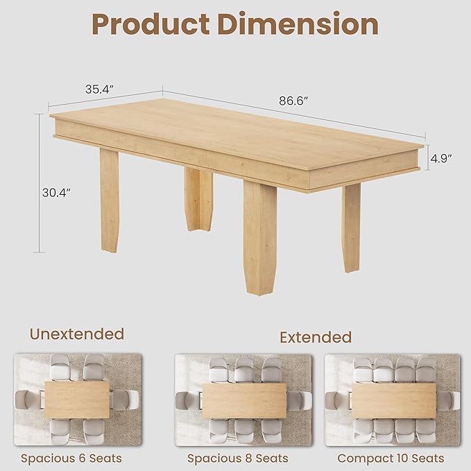GarveeHome 63 in-86.6 in Extendable Dining Room Table for 6-10, Farmhouse Kitchen Tables w/Wooden Sturdy Frame, Large Rectangular Dinner Table for Dining Room, Kitchen