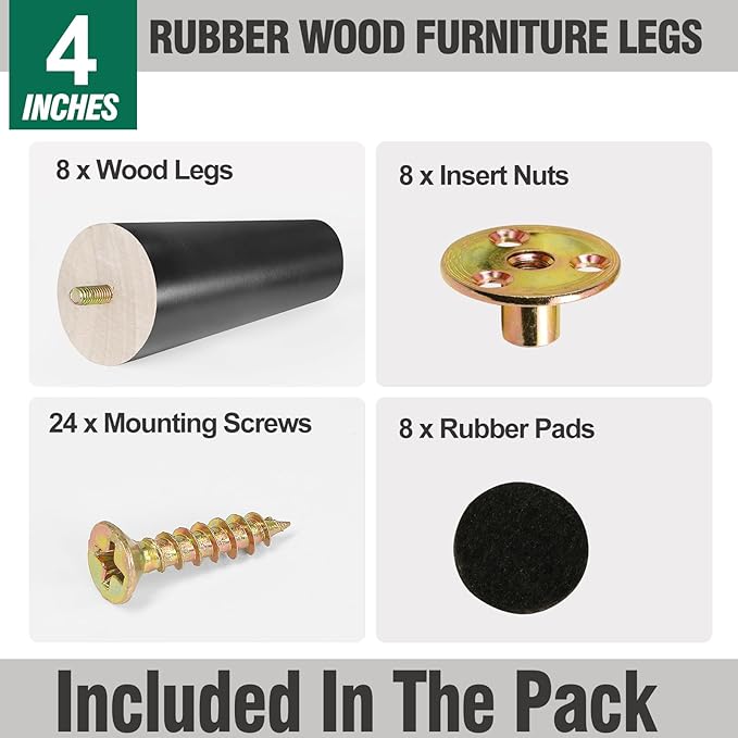 FoDau770 Black Rubber Wood Furniture Legs 4 Inches, Slant Tapered Wood Feet Mid Century Sofa Legs Set of 8, 5/16" UNC Furniture Feet Replacement Parts for Cabinet Couch Dresser Chair Ottoman Table