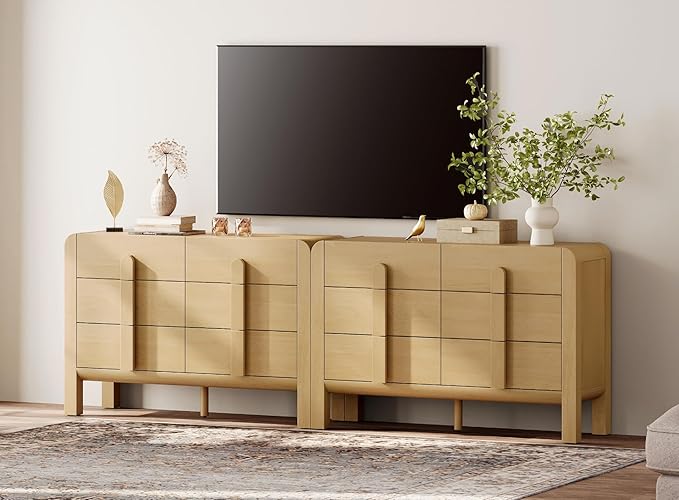 WAMPAT 94.4" W Buffet Cabinet with 12 Drawers, Modern Sideboard Buffet Cabinet with Storage, Buffet Table Coffee Bar Wine Bar Storage Cabinet for Dining Room, Living Room, Hallway, Oak