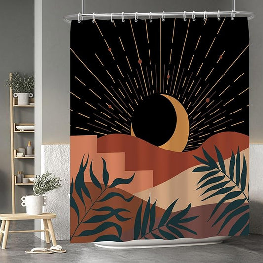 Baocicoo Boho Abstract Moon Shower Curtain Mid Century Sunset Mountain Shower Curtain for Bathroom Minimalist Aesthetic Bathroom Decorations Waterproof Curtain for Bathroom with Hooks 72x84 Inches