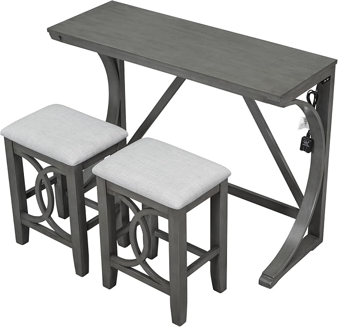 VilroCaz Farmhouse 3-Piece Counter Height Dining Table Set with USB Port and 2 Upholstered Stools, Rustic Dining Set Bar Set for Dining Room Kitchen (Gray-R)