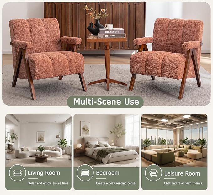 Mid Century Modern Accent Chair with Solid Oak Wood Frame, Upholstered Chenille Lounge Chair with Thick Cushion and Ergonomic Backrest for Living Room Bedroom Balcony, Rust Red