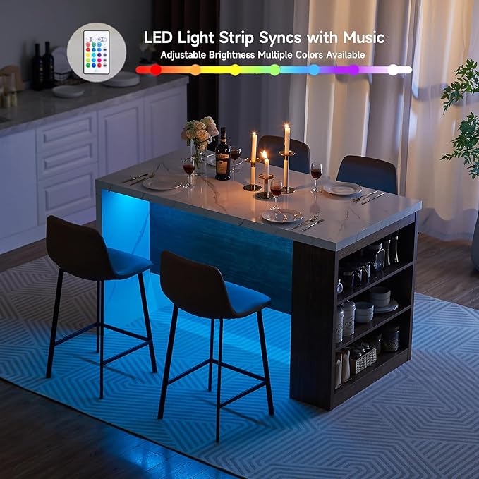 ONBRILL 61"*31" Whole Board of Tabletop Kitchen Island Table with Storage Space, Power Outlet & LED Lights, Modern Imitation Marble Large Counter Height Dining Table for 4 (White)