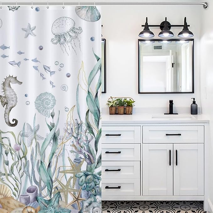 Nautical Beach Shower Curtains,Coastal Seahorse Undersea Animal Blue Green Ocean Coral Summer Beach Theme Bathroom Curtain Waterproof Fabric Machine Washable with Hooks,72x84Inch