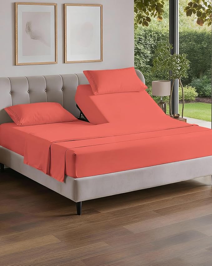 Flex Top Split Head King 4 Piece Sheet Set - Ultra-Soft, Breathable & Cooling Bed Sheets Set - Hotel Luxury Bedding for Women & Men with Deep Pockets - Wrinkle Free & Fade Resistant - Oeko-Tex - Coral