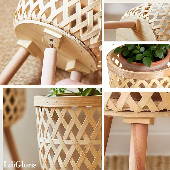 Boho Rattan Plant Stand – Handwoven Elevated Wicker Plant Baskets for Indoor Plants, Mid-Century Modern Wooden Planter Holder with Tripod Legs, Farmhouse Home Decor（small）