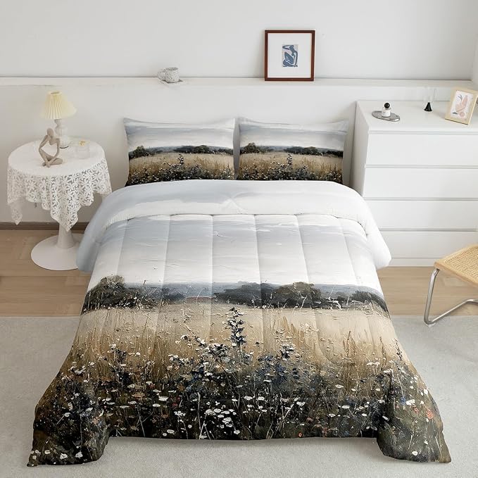 Erosebridal Vintage Farmhouse Comforter Rustic Wildflower Field Toddler Bedding Set Classical Flowers Landscape Bedding for Kids Adults Nature Countryside Scenery Duvet Insert 2Pcs Room Decor