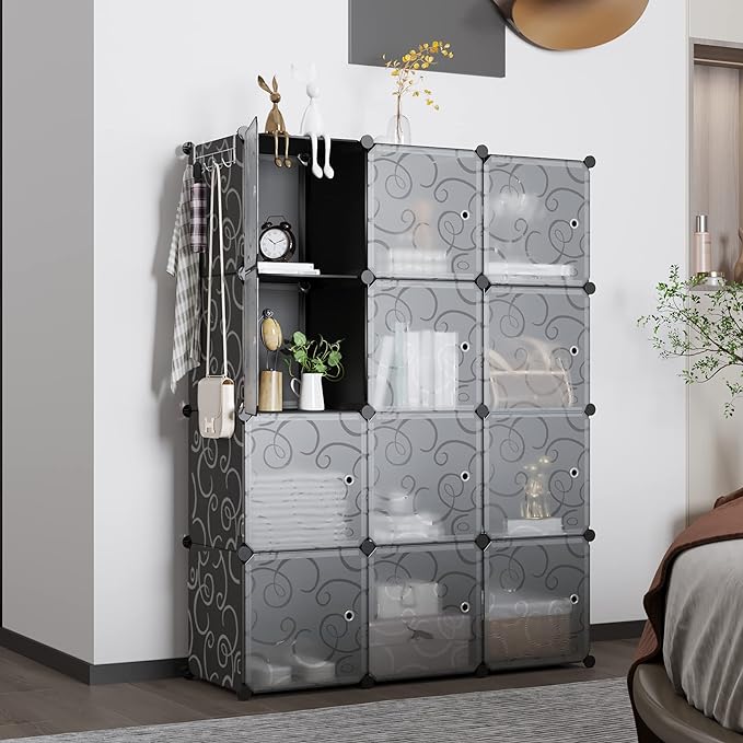 C&AHOME Cube Storage Organizer with Doors, 12-Cube Shelves, Closet Cabinet, DIY Plastic Modular Bookshelf Ideal for Bedroom, Living Room, 36.6”L x 12.4”W x 48.4”H Black USHS3012B-DOOR