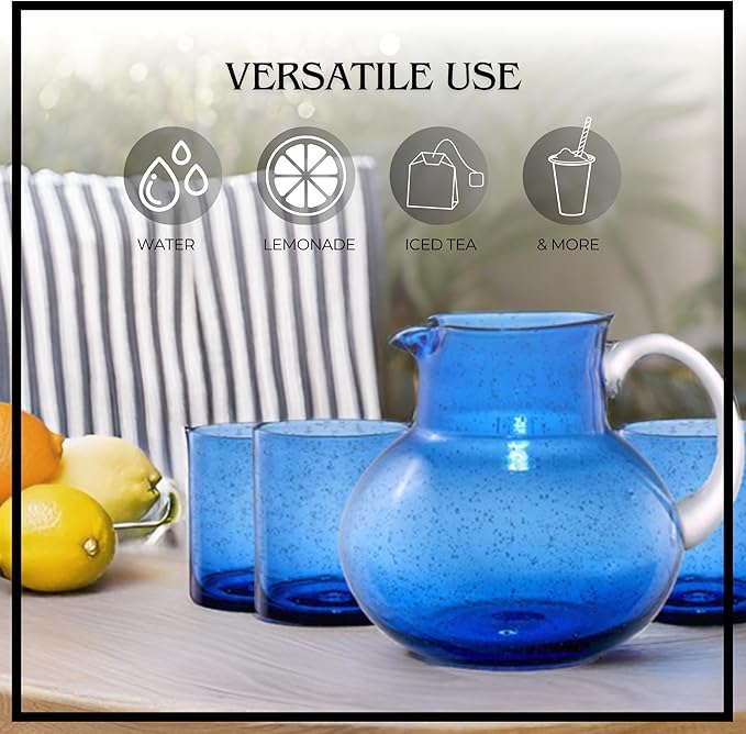 Artland Iris 90oz Handcrafted Pitcher & 14oz Double Old Fashion Glass (Set of 4) - Lead-Free Bubble Drinkware for Elegant Dining & Serving - Ideal for Water, Cocktails, Juice, Gatherings (Cobalt Blue)
