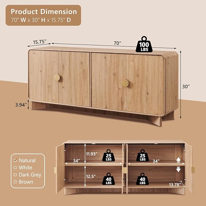 Modern Buffet Cabinet with Storage, 70" Large Sideboard Buffet Storage Cabinet with 4 Doors and Adjustable Shleves, Wooden Curved Coffee Bar for Dining Room, Kitchen, Living Room, Natural Oak
