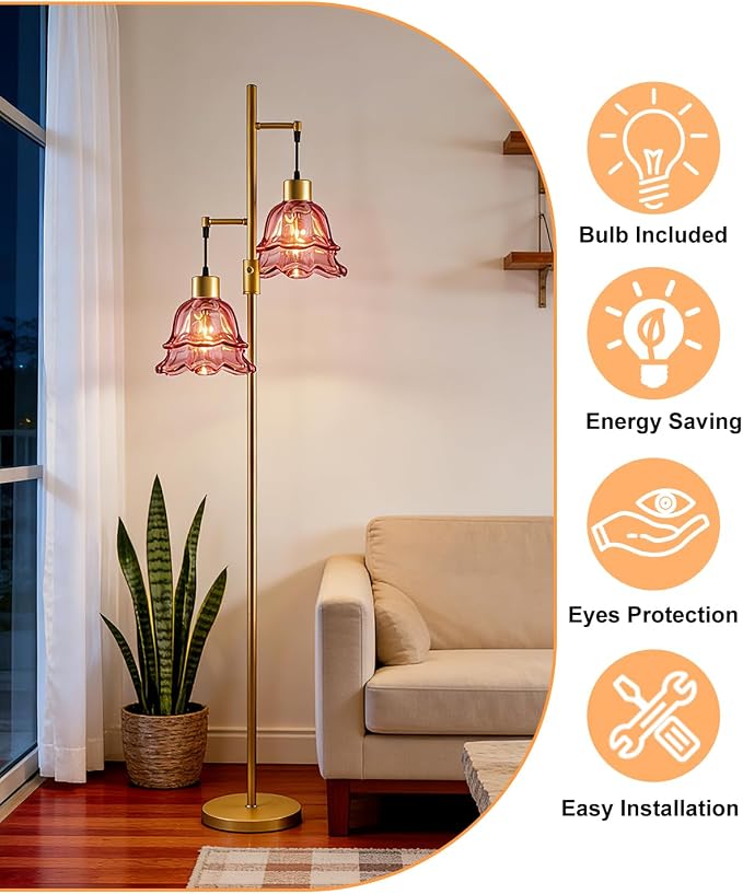 2-Light Modern Glass Floor Lamp, Gold Tall Standing Lamp with Deep Red Tulip Glass Shade for Reading, Dimmable LED Floor Lamp with 5Lbs Heavy Base for Living Room Bedroom Home Decor, Bulb Included