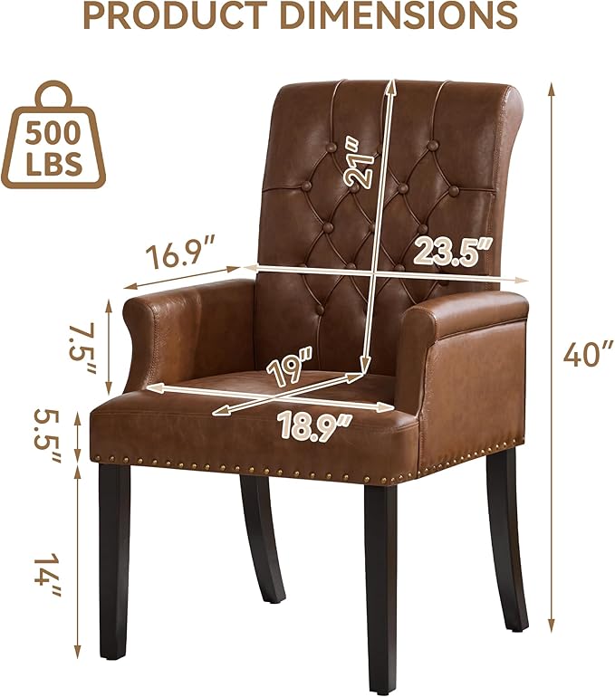 PU Leather Dining Chair with Arms, Upholstered Tufted High Back Dining Room Chairs, Accent Armchair with Solid Wood Leg and Nailhead Trim, Kitchen Dining Living Room, Coffee