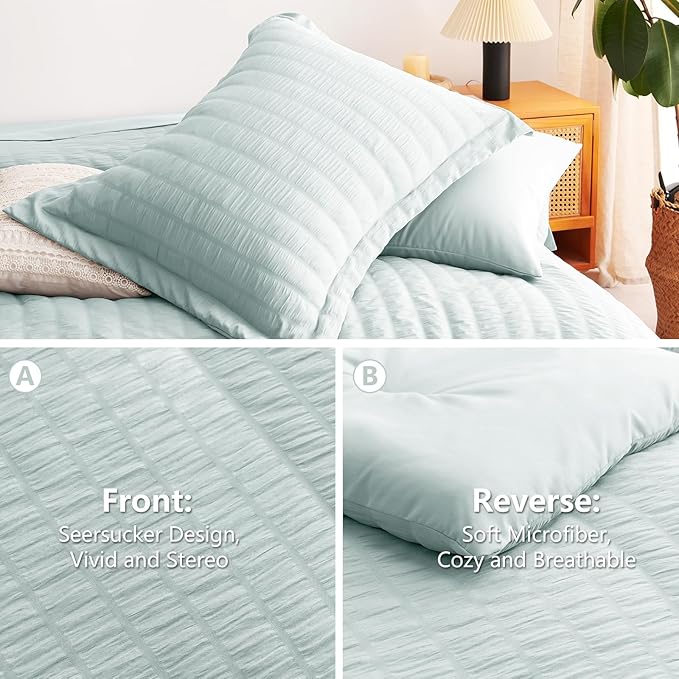 CozyLux King Size Comforter Set Ice Blue, 7 Pieces Seersucker Textured Luxury Bed in a Bag, All Seasons Soft Bedding Sets with Down Alternative Comforter, Sheets, Pillowcases & Shams, Home Gift