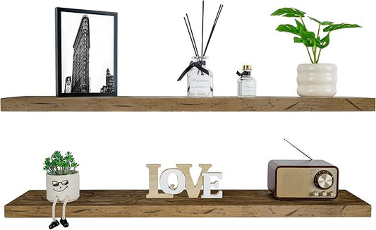BGMG Floating Shelves 42 inch Long, Distressed,Wide Rustic Wooden Wall Shelves for Bathroom Living Room Bedroom Kitchen Farmhouse Set of 2-42x6.7x1.25 inch-Distressed Walnut