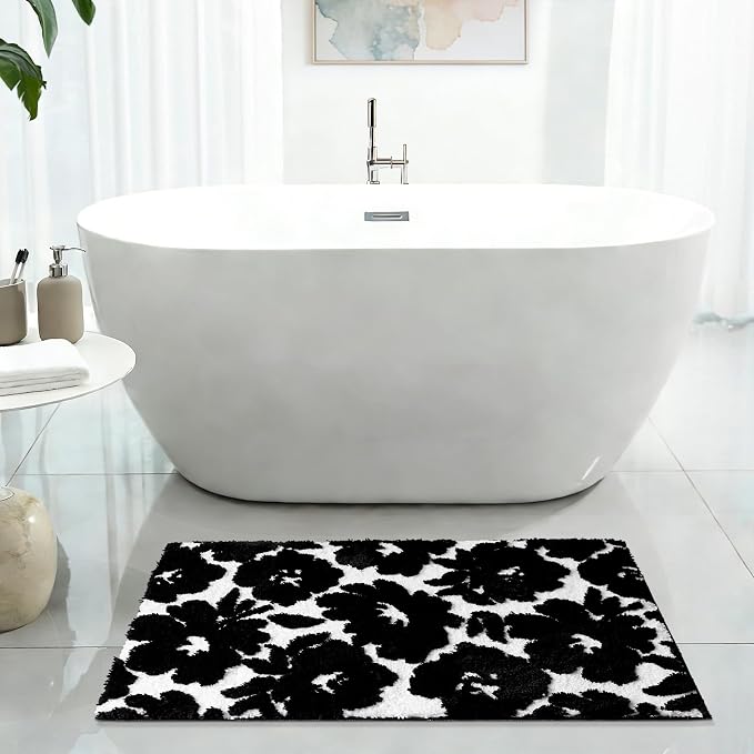Civkor Black and White Bathroom Rug, Tufted Flower Bath Mat for Bathroom with Non Slip TPR Backing, Quick Dry Microfiber Surface, Soft and Super Water Absorbent Bath Rug, 31x20Inch