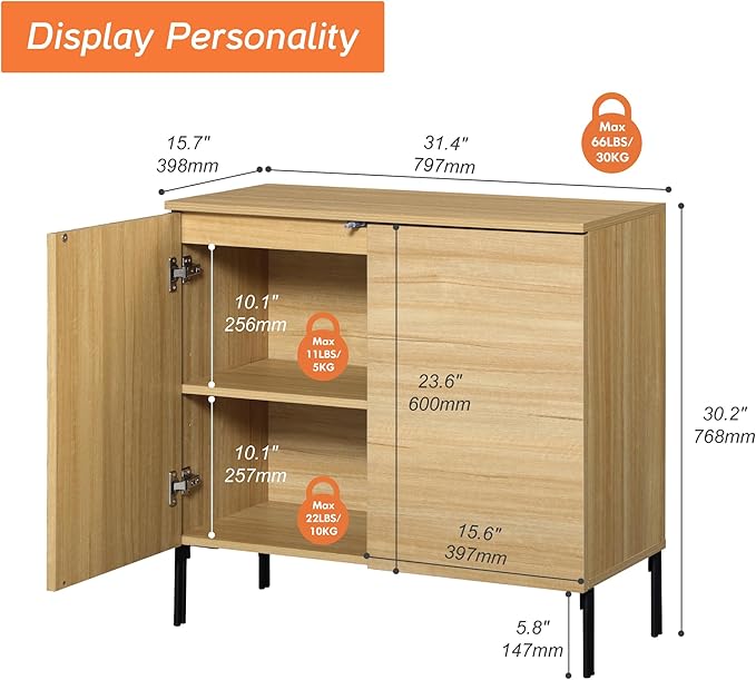 WAMPAT 31.5" Sideboard Buffet Cabinet with 2 Doors and Adjustable Shelves, Fluted Storage Cabinet, Modern Credenza Coffee Bar Wine Bar Table for Kitchen, Dining Room, Living Room,Oak