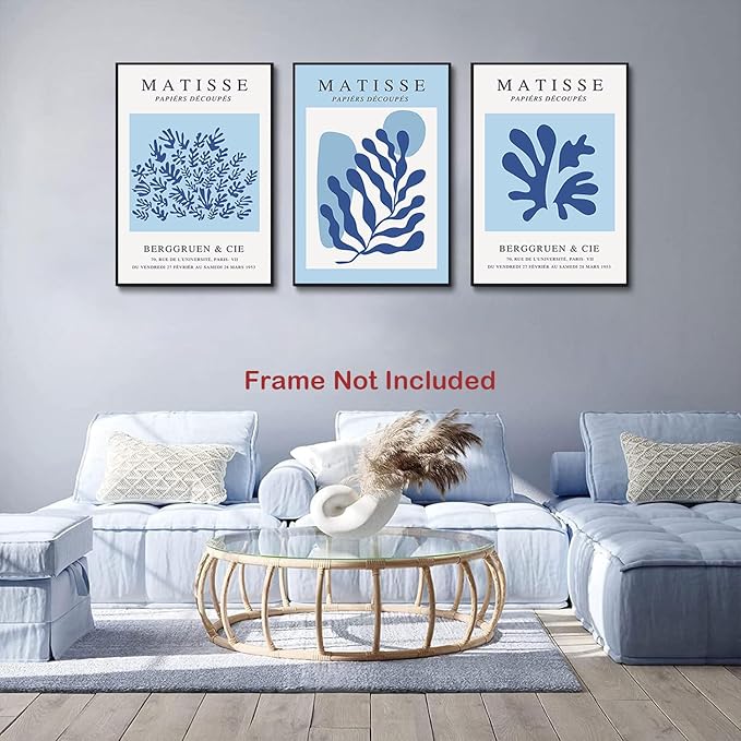 BingruiArt 3Pcs Unframed 16x24in Blue Matisse Wall Art Boho Flower Canvas Posters Minimalist Plant Leaves Painting Abstract Pictures Aesthetic Prints Home Decor for Living Room Bedroom Bathroom