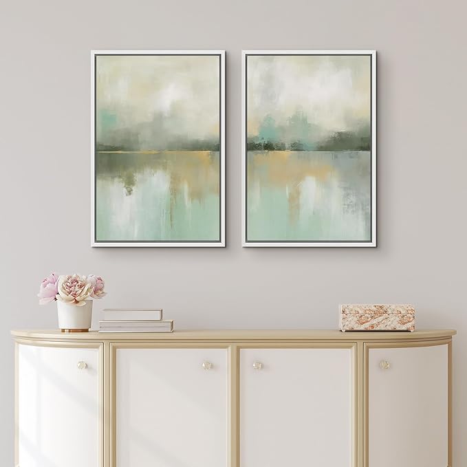 IDEA4WALL Framed Canvas Print Wall Art Set Golden Mist Lake Abstract Water Landscape Illustrations Modern Art Decorative Coastal Cottage Seascape for Bedroom - 24"x36"x2 White