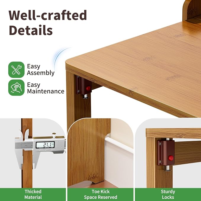 Bamboo Folding Desk for Small Spaces with Storage, Mid Century Foldable Desk with Bookshelf, Small Desks with Storage for Home Office Bedroom, Brown