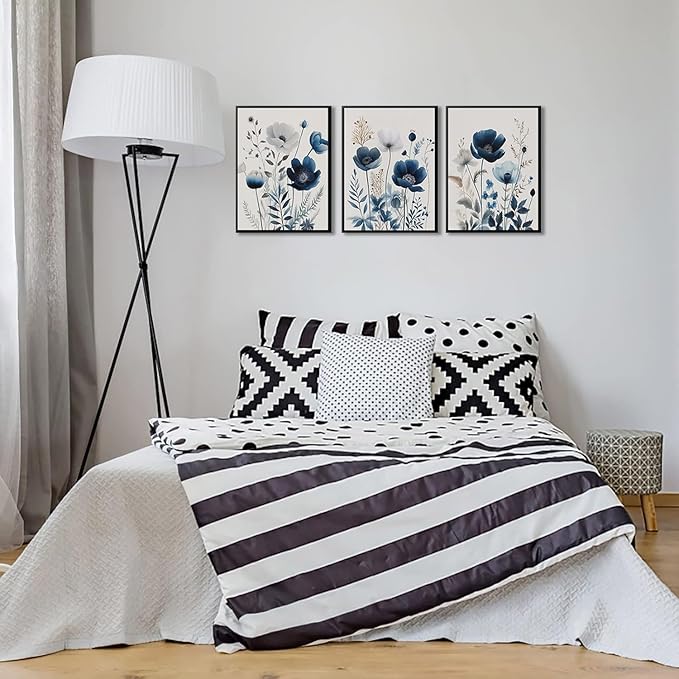 BingruiArt Navy Blue Wall Art Canvas Abstract Floral Painting Blue and Gray Posters Flower Decor Wildflower Pictures Botanical Prints for Living Room Bedroom Bathroom 3 Pcs 12"x16" Black Framed