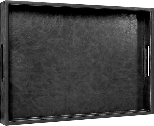 20 * 14 inches Leather Rectangle Serving Tray with Hole Handles,High-End Light Large Service Tray for Ottoman Tray, Tea, Food, Butler - Countertop, Kitchen,Family Dinner, Picnic (Black)