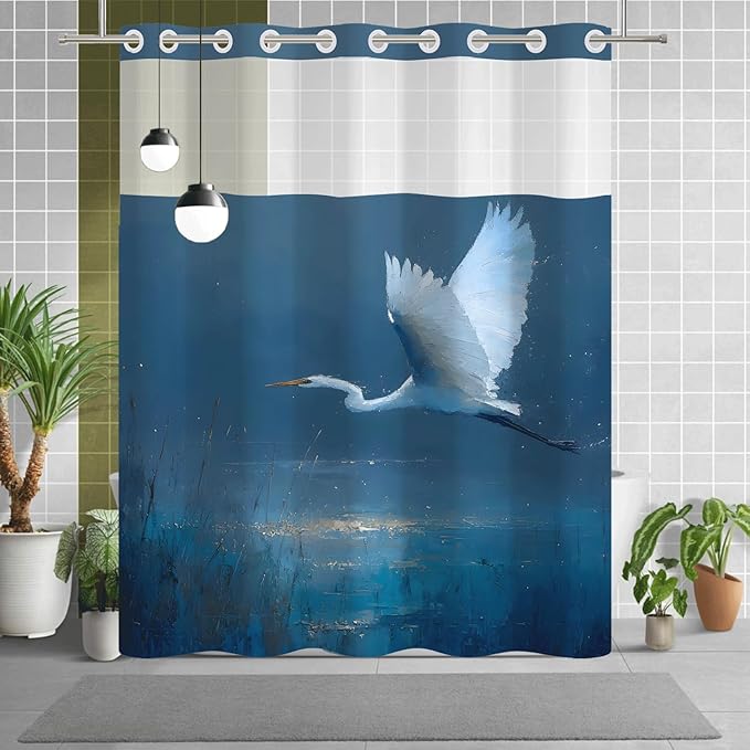 No Hook Shower Curtain and Liner Set, Flying Egret Coastal Bird Art Print - Navy Blue Waterproof Fabric Bath Curtain for Lake House Nature Inspired Bathroom Decor, Mesh Top, 71W x 74H