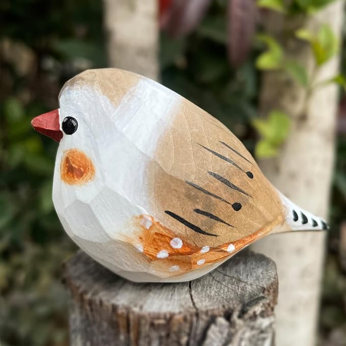 Bird Figurines Hand Carved Painted Wooden Statues for Home Decor, Gift for Bird Lovers,Housewarming, Birthday, Christmas, Anniversaries (NO.08-Brown Zebra Finch)